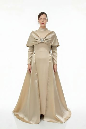 Gold Cape Halter Neck Plus Size Evening Dress